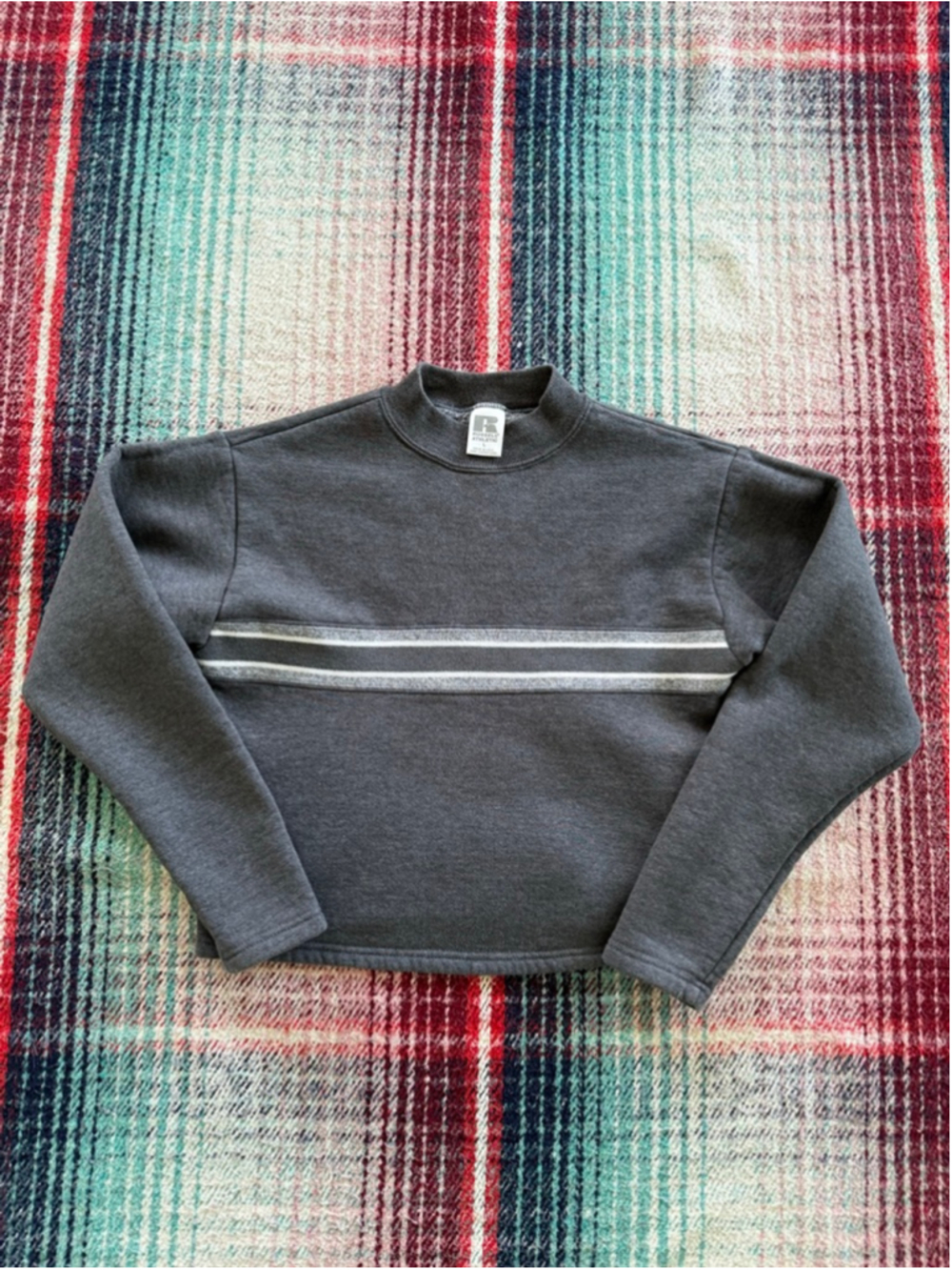 Women's Russell Athletic Charcoal & White Striped Mock Neck Sweatshirt L